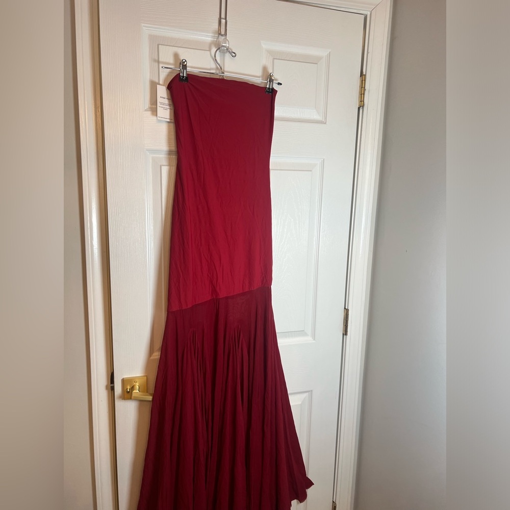 Strapless Red Maxi Dress with Sheer Skirt - Picture 5 of 6